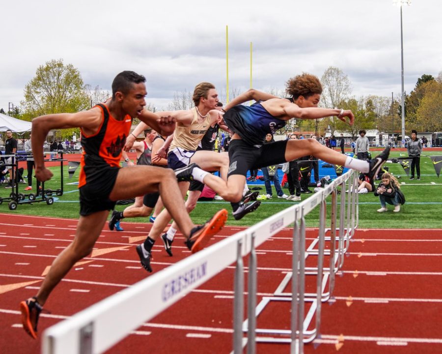 Sophomore Rascshied McCallister running the 110 meter hurdles at the Dean Nice Meet
